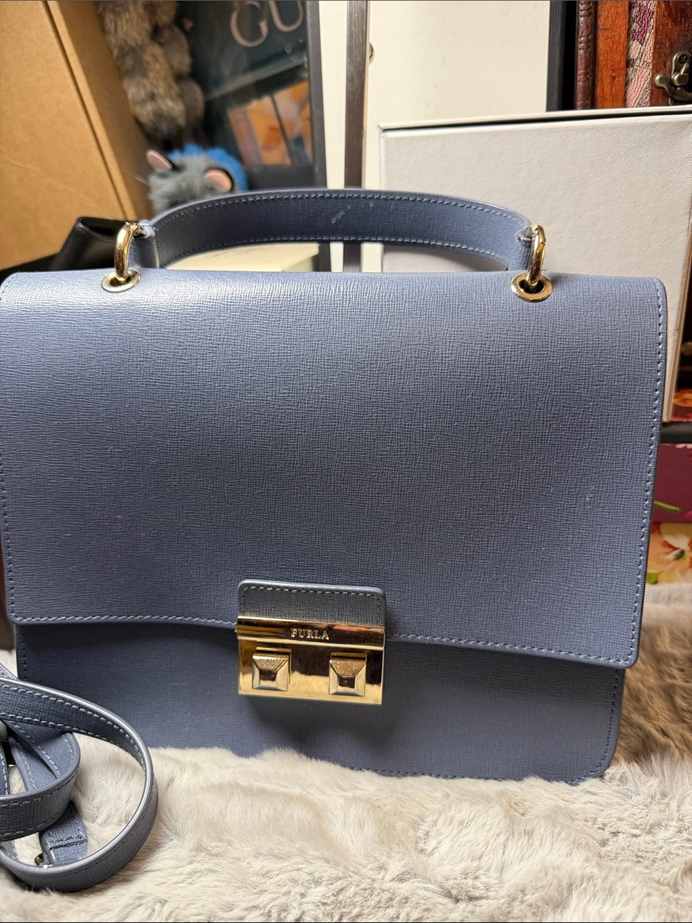 Furla Periwinkle Saffiano Top-Handle Satchel Crossbody with Gold Hardware